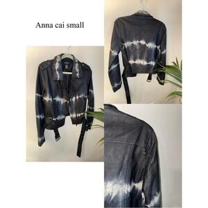 Anna Cai Womens Black White Tie Dye Faux Leather Moto Jacket Small Belted